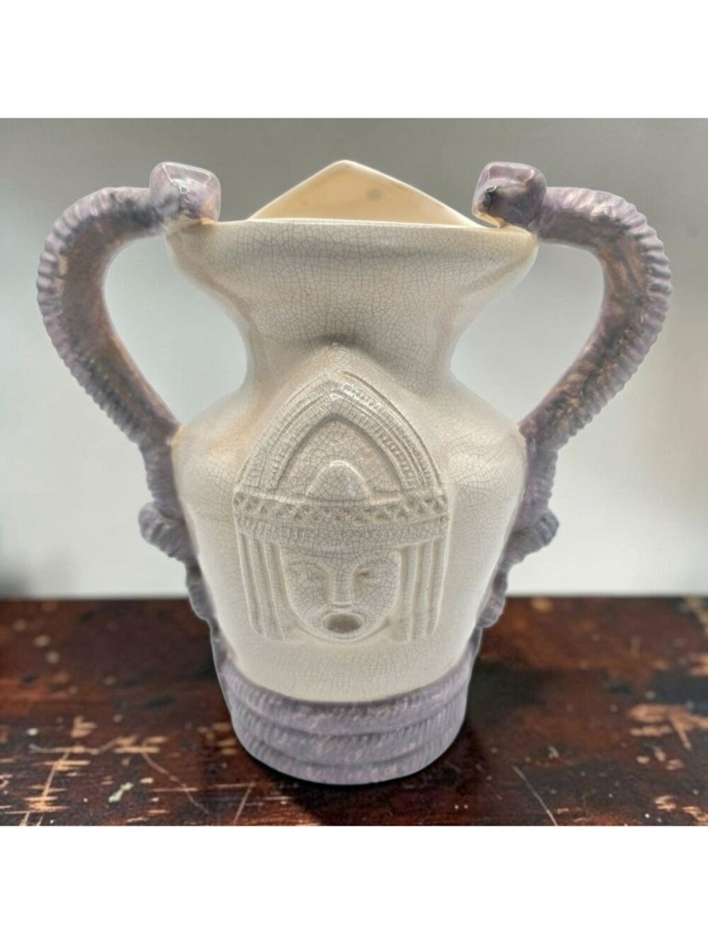 Vintage Italian Maiolica Ceramic Snake Handle Vase Egyptian Goddess Crackle